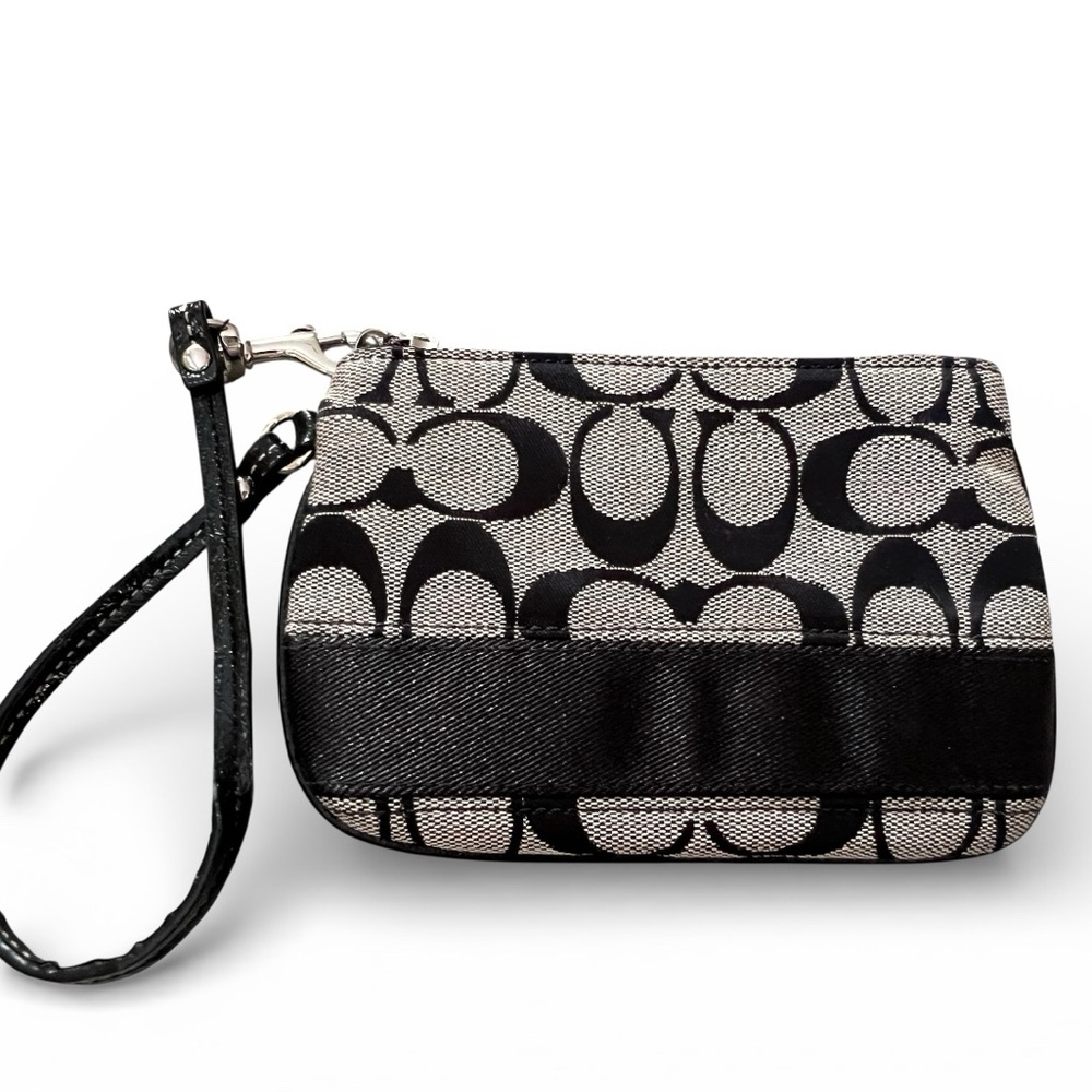 Coach Signature Stripe Wristlet in Black and Gray - Picture 2 of 12